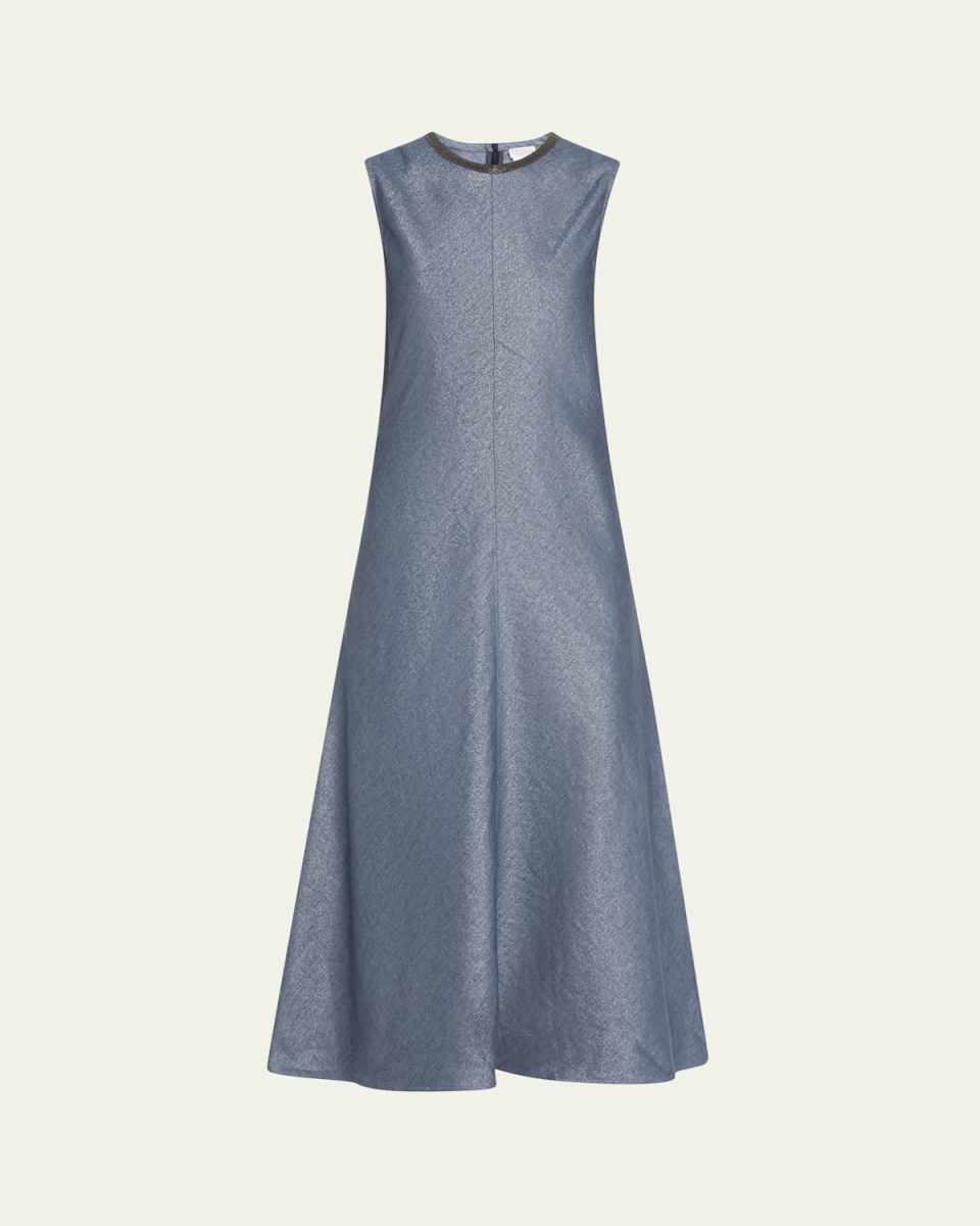 Shiny Long Linen Wool Twill A-Line Dress with Monili Necklin